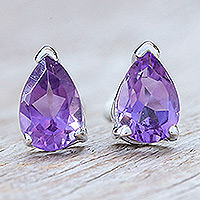 Amethyst drop earrings, 'Wisdom Blessing' - Sterling Silver Drop Earrings with Pear-Shaped Amethyst Gems