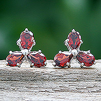 Garnet button earrings, 'Perseverance Clover' - Clover-Themed Button Earrings with Three-Carat Garnet Gems