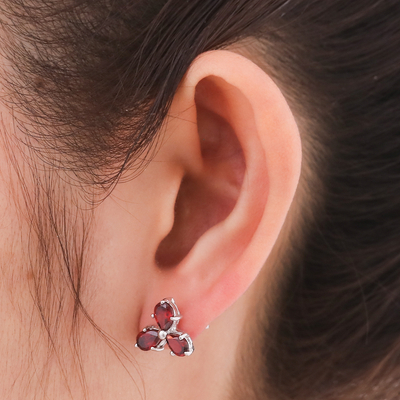 Garnet button earrings, 'Perseverance Clover' - Clover-Themed Button Earrings with Three-Carat Garnet Gems