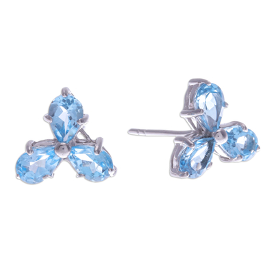Blue topaz button earrings, 'Loyalty Clover' - Clover-Themed Button Earrings with Two-Carat Blue Topaz Gems