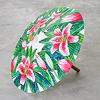 Cotton and bamboo parasol, 'Lily Days' - Hand-Painted Lily-Themed Cotton and Bamboo Parasol