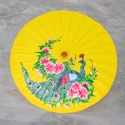 Cotton and bamboo parasol, 'Sunrise Divinity' - Hand-Painted Peacock-Themed Cotton and Bamboo Parasol