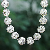 Lava stone and hematite beaded necklace, 'Blazing Silver'