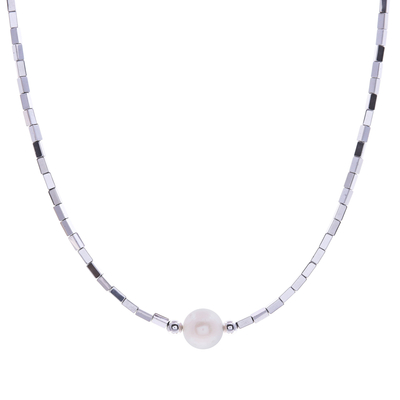Halskette mit Anhänger aus Hämatit und Zuchtperlen - Hämatit-Perlenhalskette mit rosafarbenem Zuchtperlenanhänger