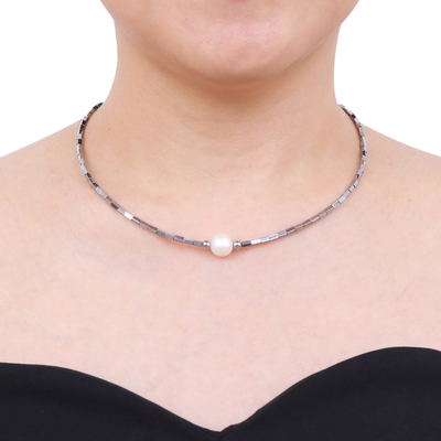 Halskette mit Anhänger aus Hämatit und Zuchtperlen - Hämatit-Perlenhalskette mit rosafarbenem Zuchtperlenanhänger