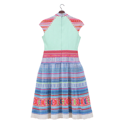 Cotton blend A-line dress, 'Mint Heirloom' - Hmong Hill Tribe-Inspired Mint Cotton Blend A-Line Dress