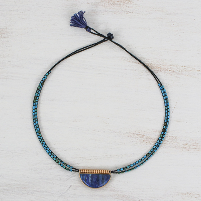 Multi-gemstone beaded pendant necklace, 'Lunar Truths' - Multi-Gemstone Beaded Necklace with Lapis Lazuli Pendant
