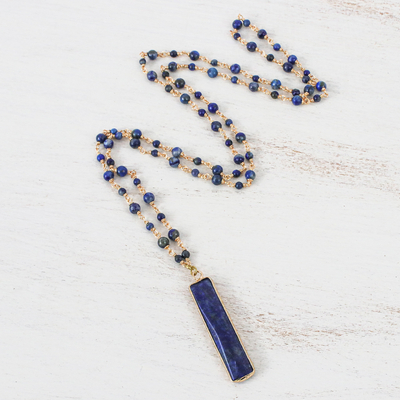 Lapis lazuli pendant necklace, 'Tribute to the Sage' - Lapis Lazuli Pendant Necklace with 10k Rose Gold Accents