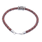 Leather braided pendant bracelet, 'Ties of the Earth' - Brown Leather Braided Bracelet with Sterling Silver Pendants