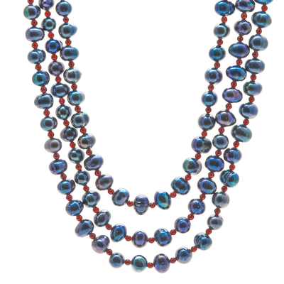 Cultured pearl and garnet multi-strand necklace, 'Chic Drops' - Cultured Pearl Multi-Strand Necklace with Garnet Beads