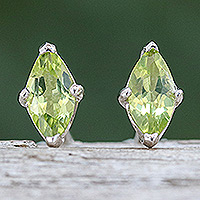 Peridot button earrings, 'The Fortunate Marchioness' - Polished Button Earrings with Marquise-Shaped Peridot Gems