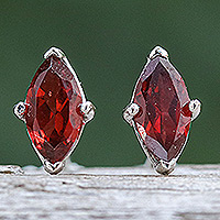 Garnet button earrings, 'The Perseverant Marchioness' - Polished Button Earrings with Marquise-Shaped Garnet Gems