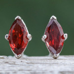 Garnet button earrings, 'The Perseverant Marchioness' - Polished Button Earrings with Marquise-Shaped Garnet Gems