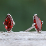 Garnet button earrings, 'The Perseverant Marchioness' - Polished Button Earrings with Marquise-Shaped Garnet Gems