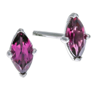 Rhodolite button earrings, 'The Eternal Marchioness' - Polished Button Earrings with Marquise-Shaped Rhodolite Gems