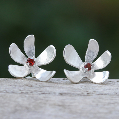 Garnet stud earrings, 'Indian Cork Tree Flower' - Sterling Silver Floral Stud Earrings with Garnet Stones
