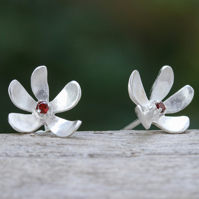 Garnet stud earrings, 'Indian Cork Tree Flower' - Sterling Silver Floral Stud Earrings with Garnet Stones