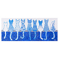 'Gato blanco y azul' - Pintura acrílica caprichosa con temática de gato en tonos azules y blancos