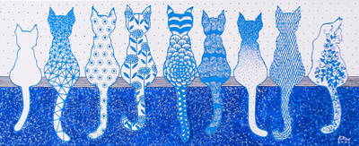 'White-Blue Cat' - Pintura acrílica caprichosa con temática de gato en tonos azules y blancos