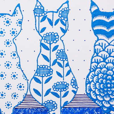 'White-Blue Cat' - Skurriles Acrylgemälde mit Katzenmotiv in Blau- und Weißtönen