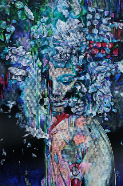 'Flowers in a Vase' (2023) - Signed Stretched Vibrant Acrylic Painting of Floral Woman