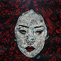 'Abrazo de soledad I' (2023) - Mujer con fondo floral rojo Pintura acrílica estirada