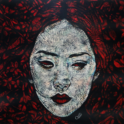'El abrazo de la soledad I' (2023) - Cuadro Mujer con Fondo Floral Rojo Acrílico Estirado