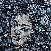 'El abrazo de la soledad II' (2023) - Pintura acrílica estirada de una mujer con fondo floral