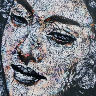 'El abrazo de la soledad II' (2023) - Pintura acrílica estirada de mujer con fondo floral