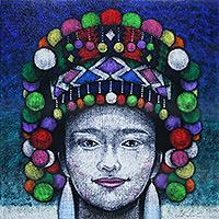 „Ethnische Frau“ (2023) – Acrylporträt einer Frau mit traditionellem Hmong-Kopfschmuck