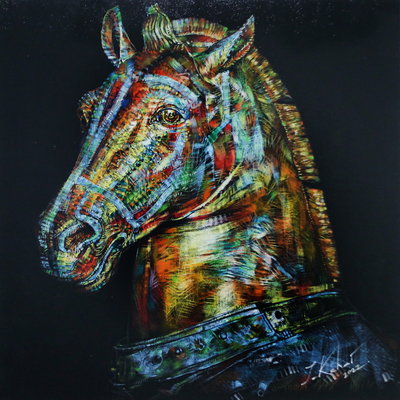 'Horse in Black Scene' (2023) - Pintura acrílica estirada de caballo sobre fondo negro