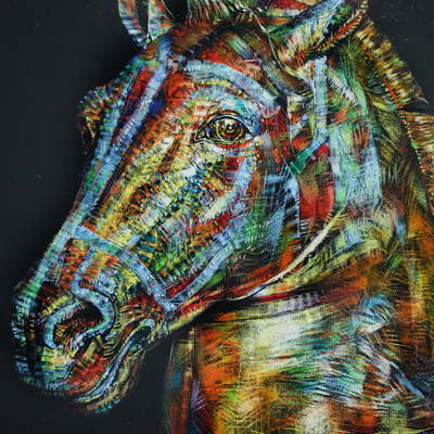 'Horse in Black Scene' (2023) - Stretched Acrylic Painting of Horse on Black Background