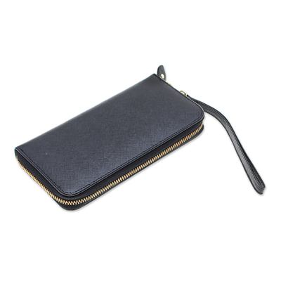 Leather wristlet wallet, 'Everyday Onyx' - Handcrafted Onyx Leather Wristlet Wallet from Thailand