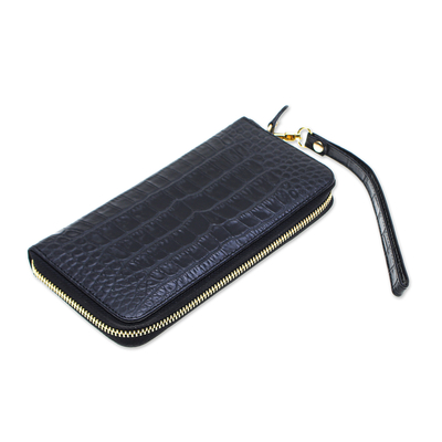 Portemonnaie aus Leder - Schwarzes Leder-Handgelenk-Portemonnaie mit Alligator-Print und Riemen