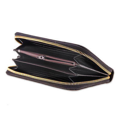 Leather wristlet wallet, 'Dark Safari' - Alligator Print Black Leather Wristlet Wallet with Strap
