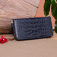 Leather wristlet wallet, 'Blue Safari' - Alligator Print Blue Leather Wristlet Wallet with Strap