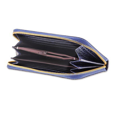 Portemonnaie aus Leder - Armband-Geldbörse aus blauem Leder mit Alligator-Print und Riemen