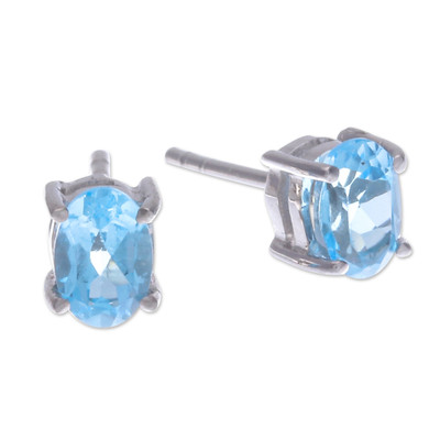 Blue topaz button earrings, 'Loyalty Maiden' - Sterling Silver Button Earrings with Oval Blue Topaz Gems