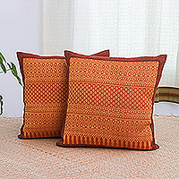 Cotton cushion covers, 'Thai Marigold' (pair) - Orange and Yellow Traditional Cotton Cushion Covers (Pair)