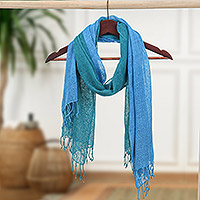 Cotton scarves, 'Teal and Cyan Tides' (set of 2)