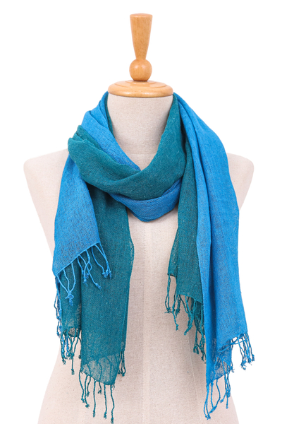Cotton scarves, 'Teal and Cyan Tides' (set of 2) - Set of 2 Ocean-Inspired Teal and Cyan Cotton Scarves