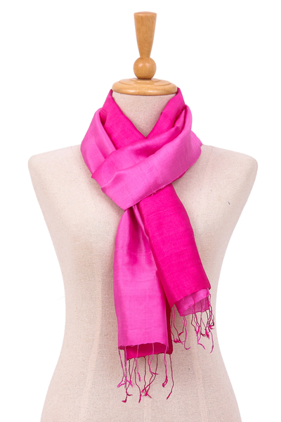 Silk scarf, 'Plum Encounter' - Sugar Plum and Magenta Silk Wrap Scarf with Fringes