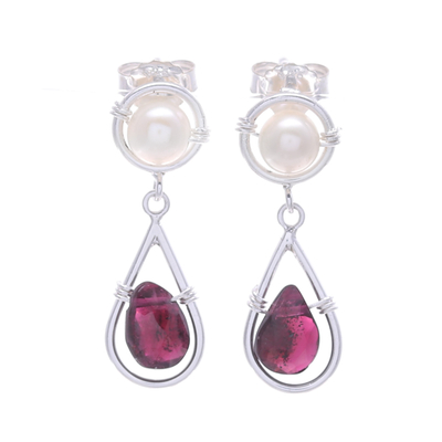 Garnet and cultured pearl dangle earrings, 'Perseverance Treasures' - Two-Carat Natural Garnet Dangle Earrings with White Pearls