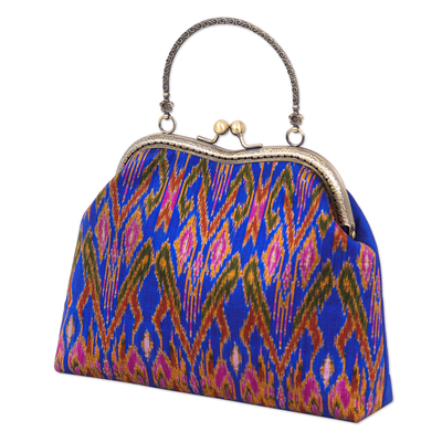 Silk evening bag, 'Heaven' - Blue Silk Evening Bag with Brass Handle & Geometric Motifs