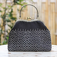 Silk evening bag, 'Night Allure' - Silk Evening Bag with Brass Handle in Black and White