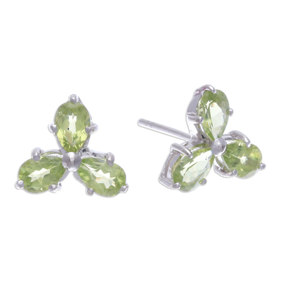 Peridot button earrings, 'Fortune Clover' - Clover-Themed Button Earrings with Three-Carat Peridot Gems