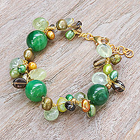 Gold-accented multi-gemstone beaded bracelet, 'Spring Majesty' - Multi-Gemstone Green Beaded Bracelet with Gold-Plated Clasp