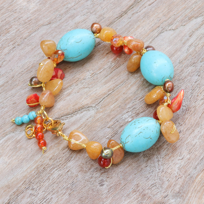 Gold-accented multi-gemstone beaded bracelet, 'Island Honey' - Gold-Accented Multi-Gemstone Beaded Bracelet with Pearls