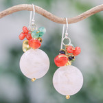 Multi-gemstone cluster dangle earrings, 'Pink Champagne' - Multi-Gemstone Cluster Dangle Earrings in Pink and Golden