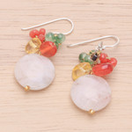 Multi-gemstone cluster dangle earrings, 'Pink Champagne' - Multi-Gemstone Cluster Dangle Earrings in Pink and Golden